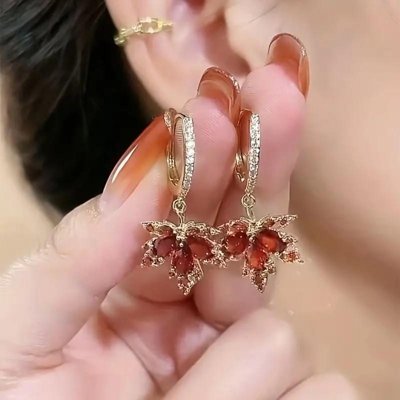 Red Maple Leaf Dangle Hoop Earrings Cubic Zirconia Crystal Leaves Drop Tiny Huggie Hoops Earring Fashion Jewelry Holiday Gifts for Women Girls
