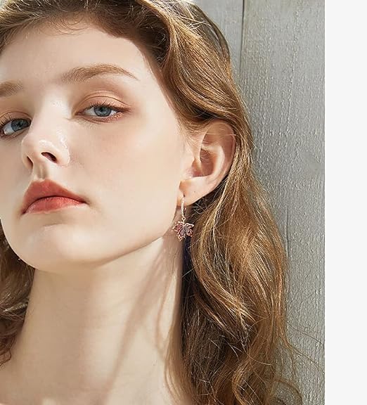 Red Maple Leaf Dangle Hoop Earrings Cubic Zirconia Crystal Leaves Drop Tiny Huggie Hoops Earring Fashion Jewelry Holiday Gifts for Women Girls