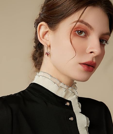 Red Maple Leaf Dangle Hoop Earrings Cubic Zirconia Crystal Leaves Drop Tiny Huggie Hoops Earring Fashion Jewelry Holiday Gifts for Women Girls