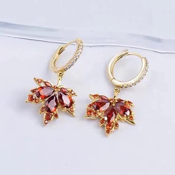Red Maple Leaf Dangle Hoop Earrings Cubic Zirconia Crystal Leaves Drop Tiny Huggie Hoops Earring Fashion Jewelry Holiday Gifts for Women Girls