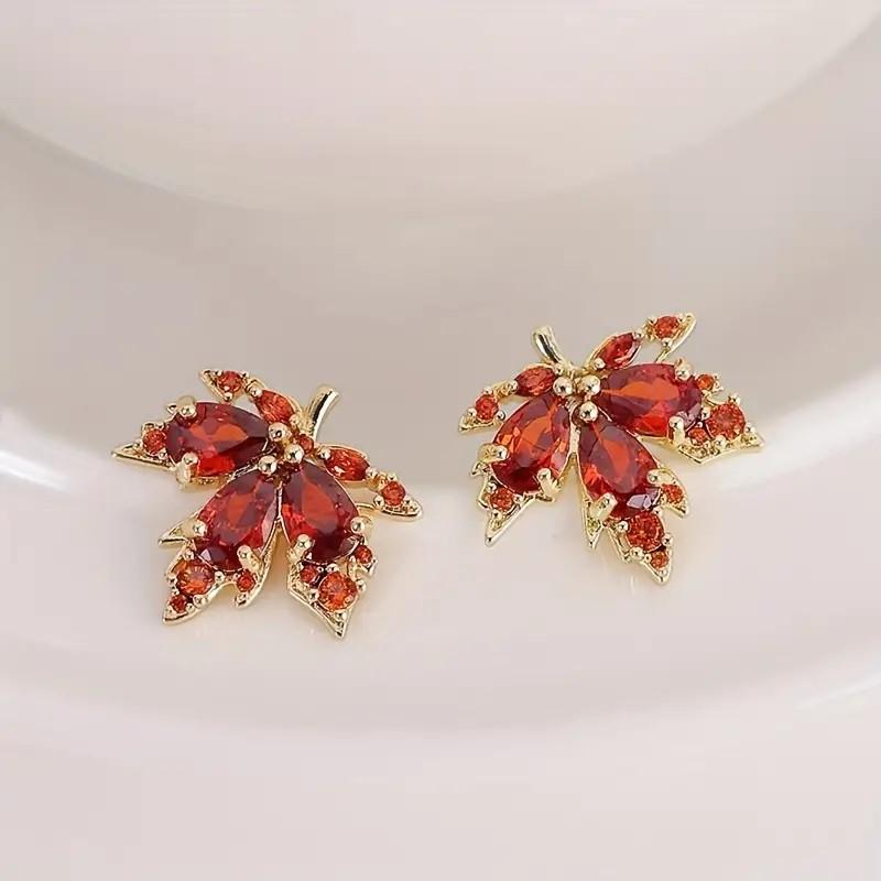 Women’s Red Maple Leaf Stud Earrings / Vintage Trendy Cute Handmade / Meaningful Holiday Floral Jewelry