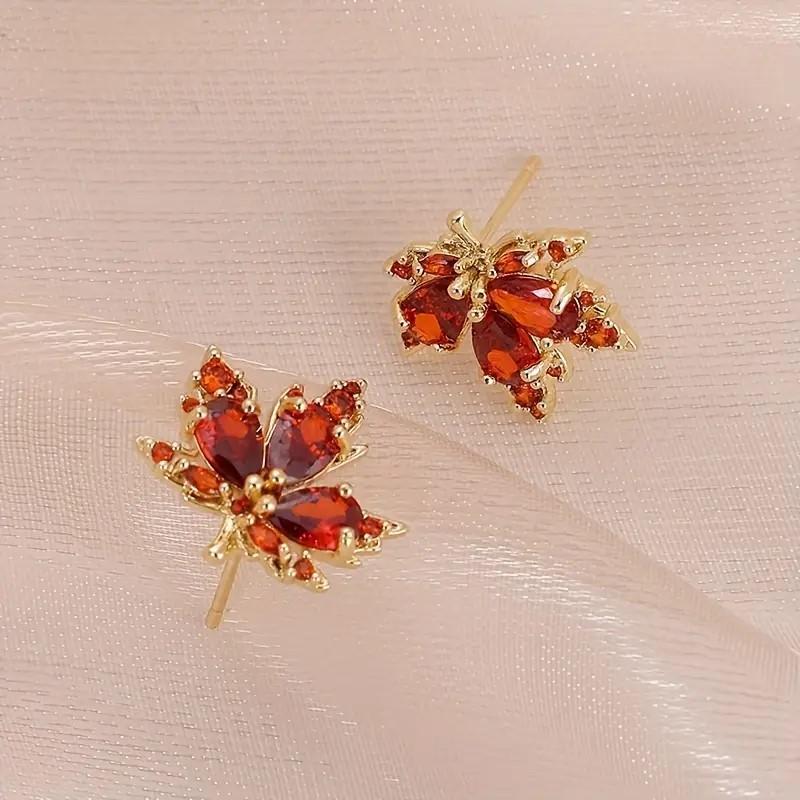Women’s Red Maple Leaf Stud Earrings / Vintage Trendy Cute Handmade / Meaningful Holiday Floral Jewelry