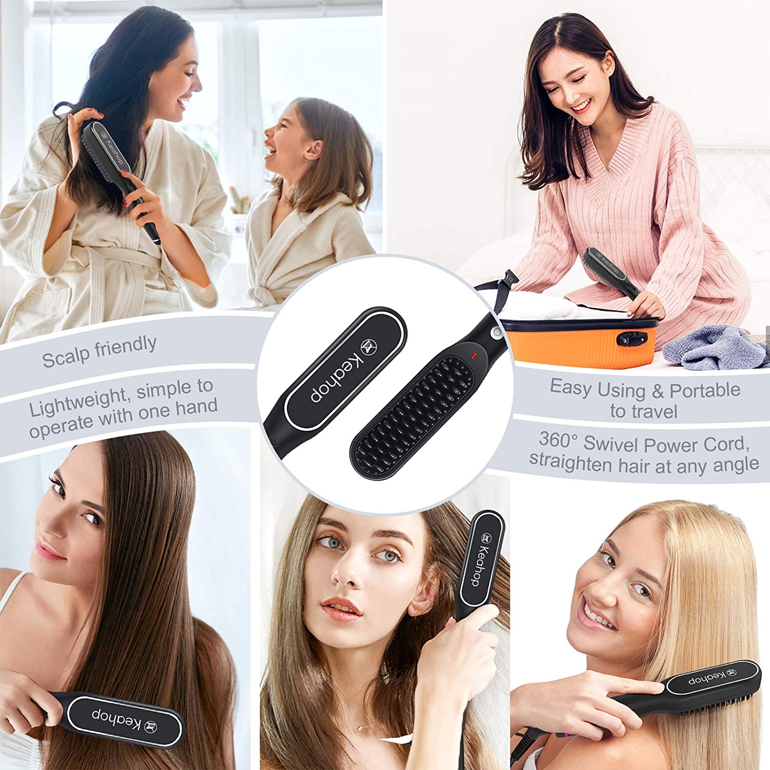 Keahop Enhanced PTC Ceramic Heating Hair Straightening Brush | Anti-Scald Feature | Hair Straightener Brush | Fast Heating & 5 Temperature Settings | Perfect for Professional Salon at Home